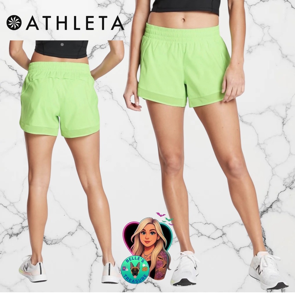 Athleta Women's Medium Mesh Racer Run Shorts 4" Neon Lime‎ Green Activewear Gym